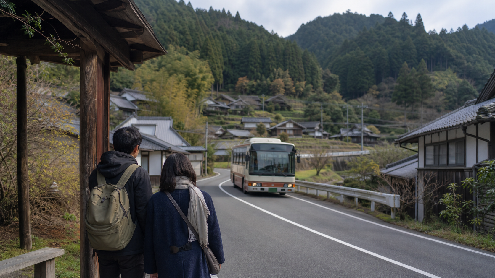 高原の一本道を走るローカル路線バスと、遠くに連なる山並みのイラスト