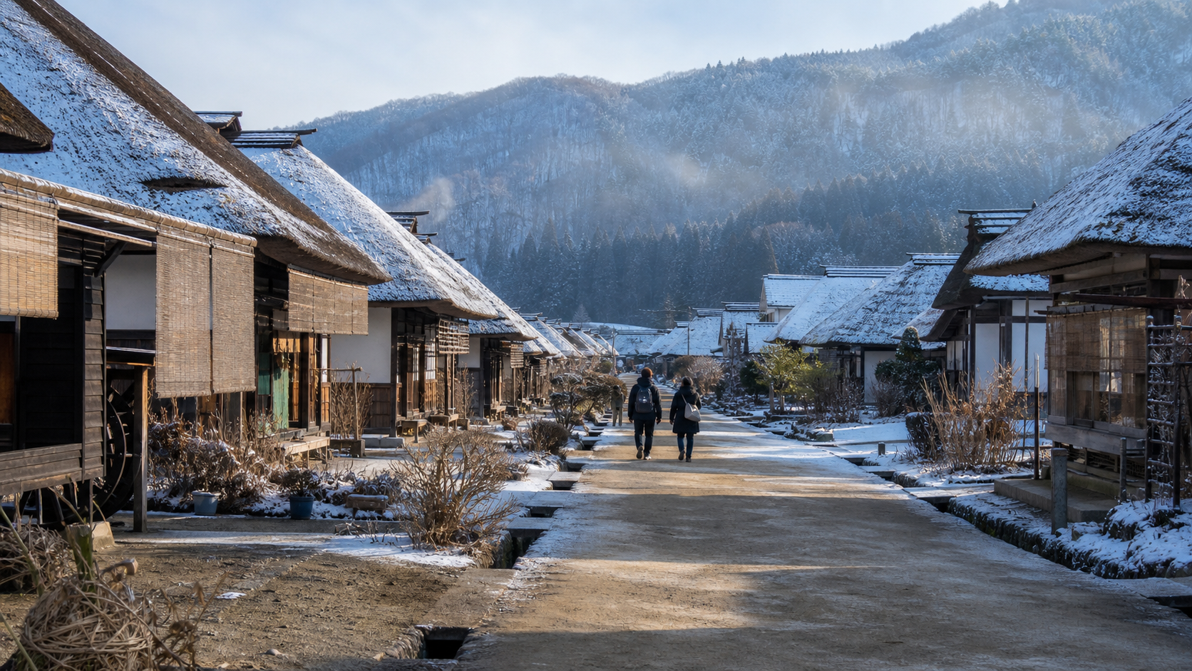 萱葺き屋根の家々が両側に並ぶ会津地方の宿場町の通りを、旅行者が歩いていくイラスト