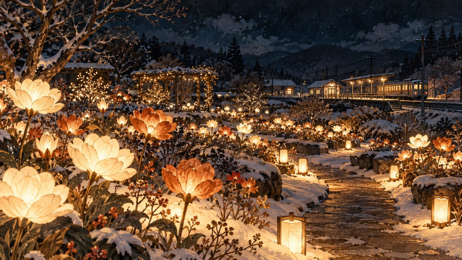 雪の積もった夜の花畑に、大きな光る花とランタンが並び、奥にローカル線の小さな駅の灯りが見えるイラスト