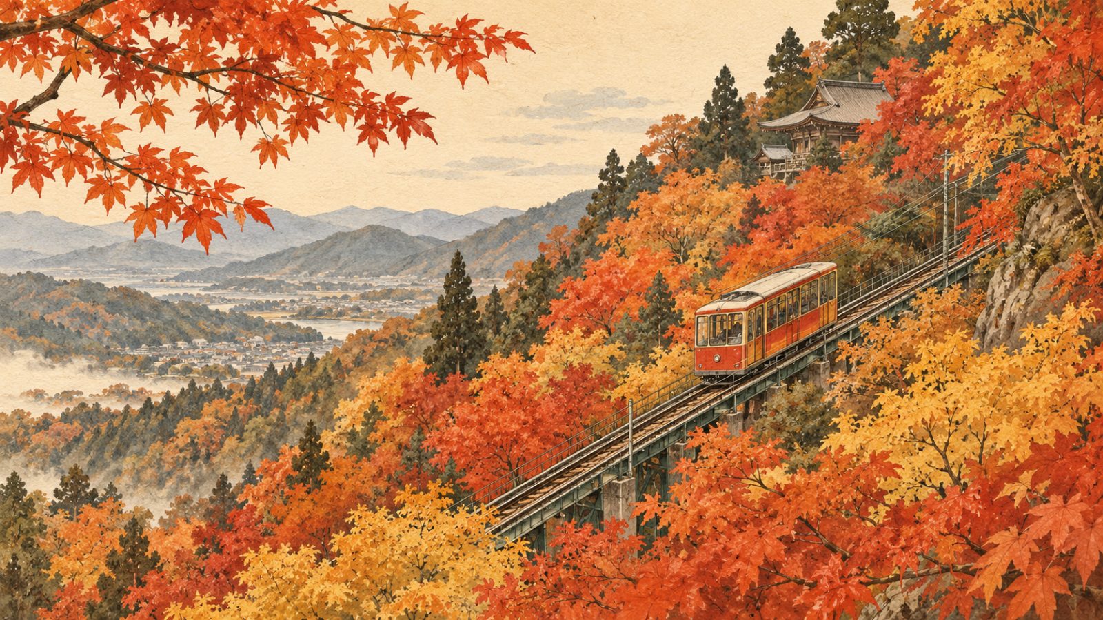 赤や黄に色づいた木々の急斜面を、小さなケーブルカーが登っていくイラスト。木々の奥に山寺の屋根がのぞき、遠くに山並みが霞んでいる