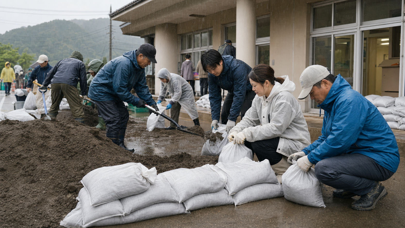 雨の降る庁舎前で、職員と住民が土のうを積み上げて災害対応にあたっている場面