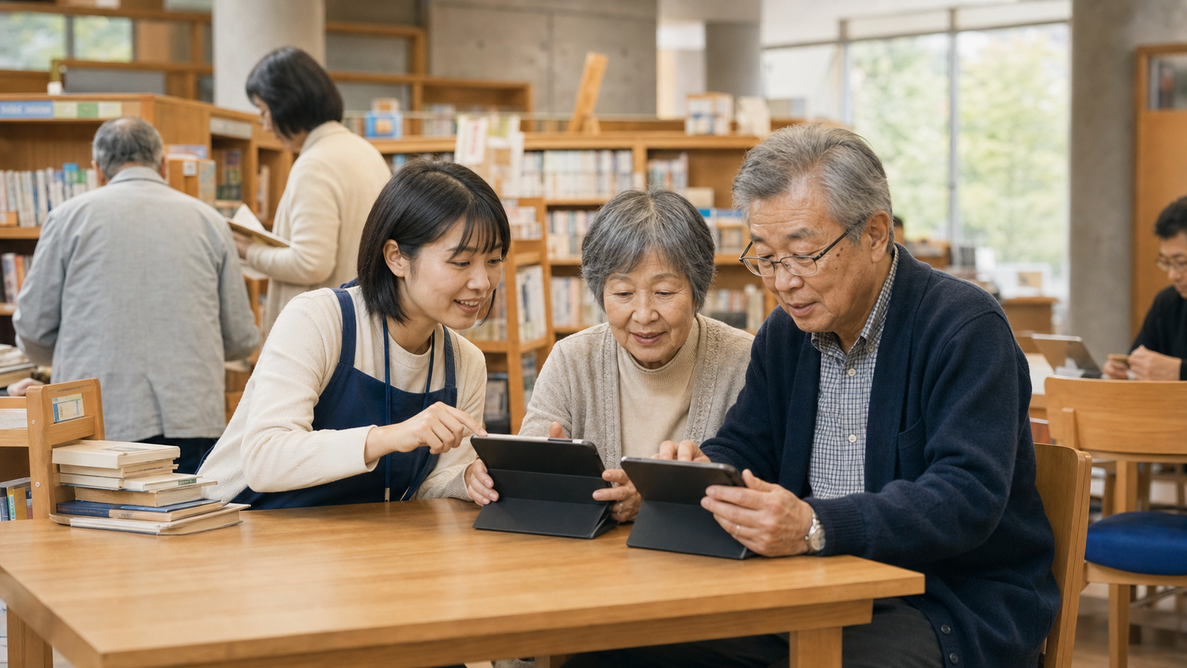 図書館の一角で、係の人が高齢の夫婦にタブレットの使い方を教えている場面