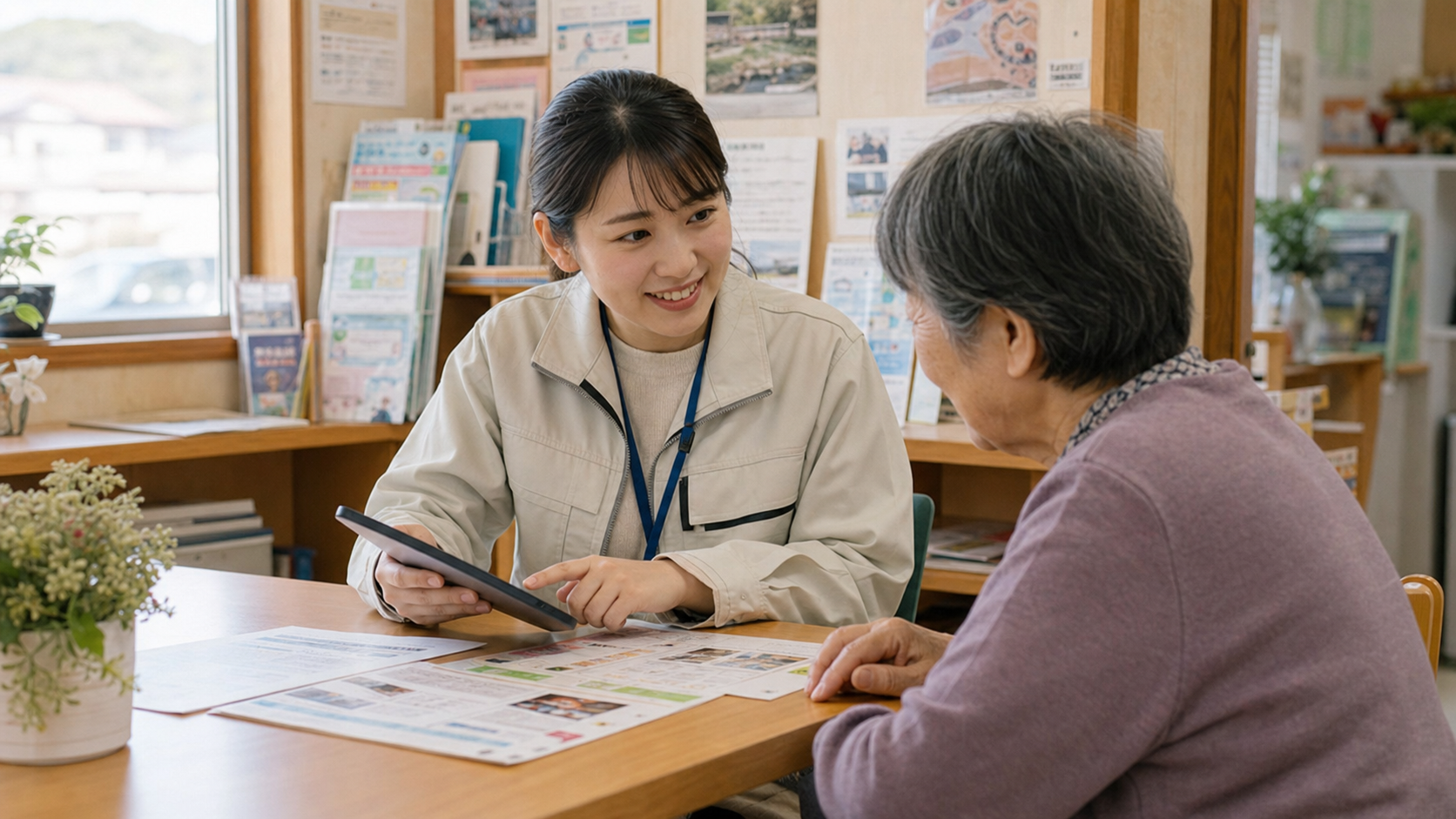 役所の相談窓口で、職員がタブレットとチラシを机に広げながら来庁した住民に説明している場面