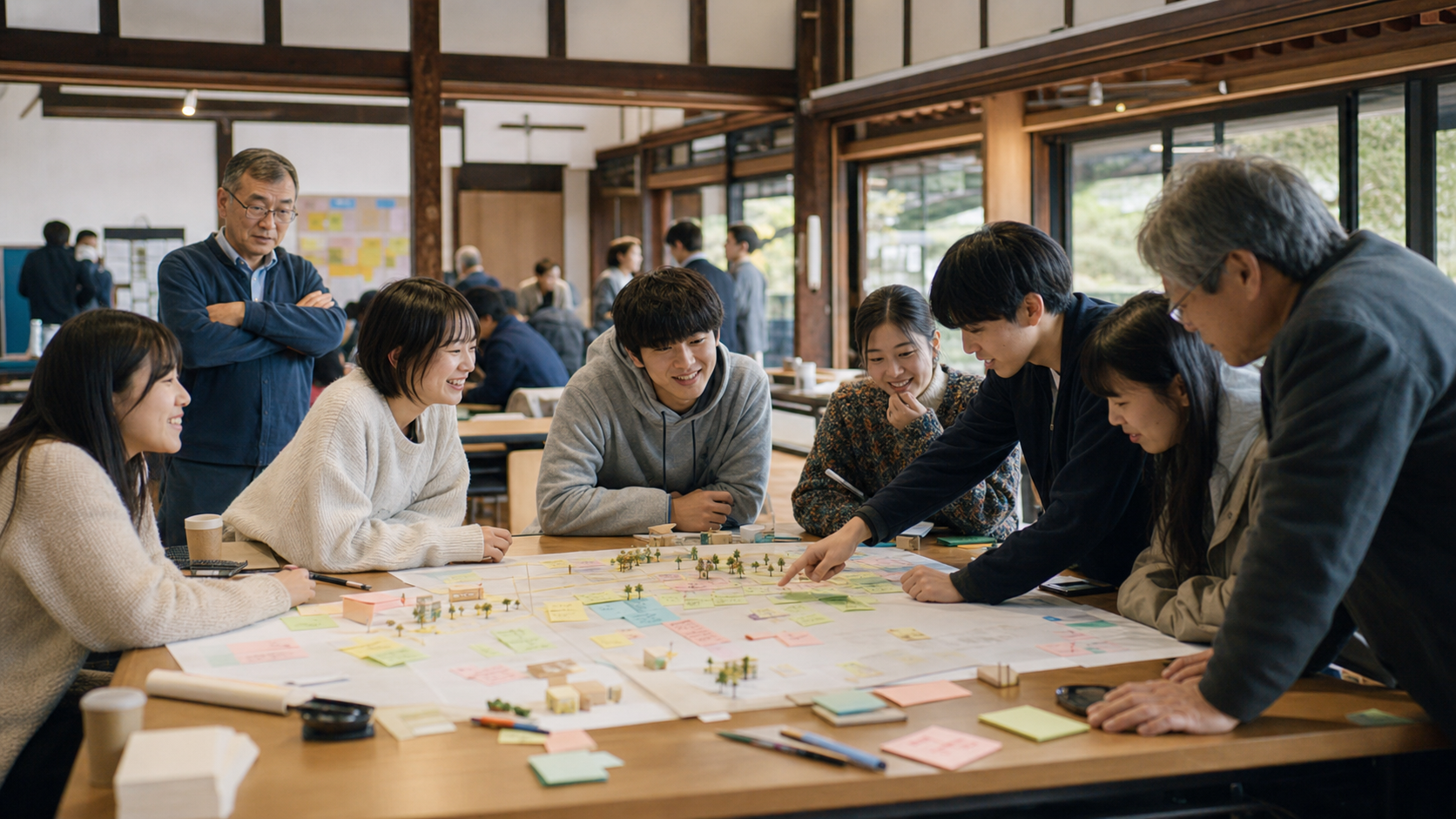 公民館の大机でまちの地図と付箋を囲み、住民と若者が計画づくりのワークショップをしている場面