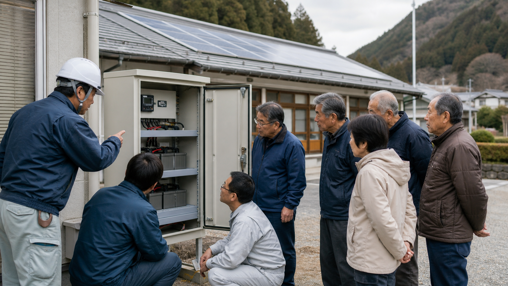 ヘルメットをかぶった作業員が、開いた蓄電設備の扉の中を指さしながら、集まった住民5人に説明している。背後の建物の屋根には太陽光パネルが並ぶ