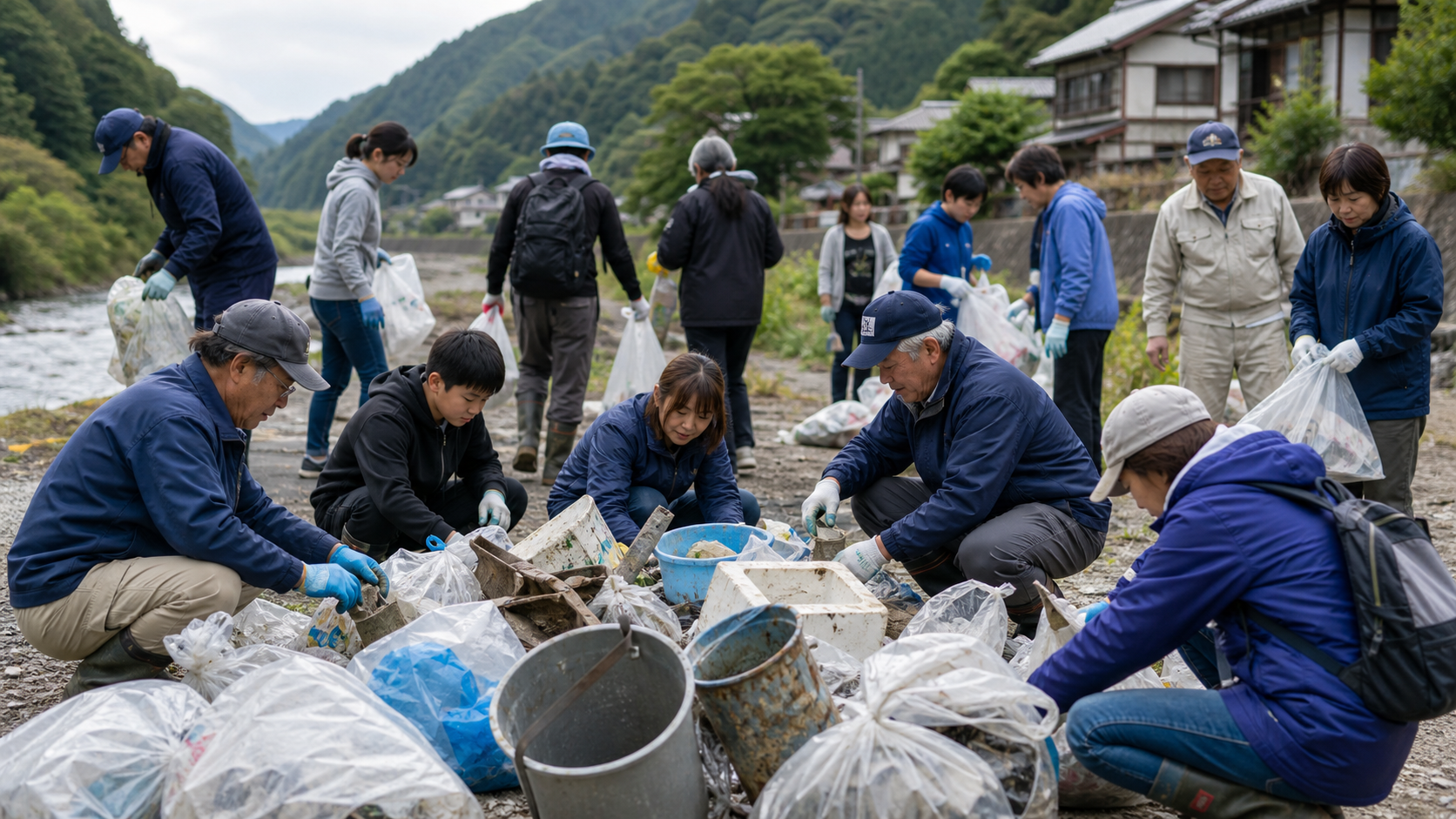 川べりで清掃活動をする人たちのイラスト。ふるさと住民登録制度の「担い手活動」には、こうした清掃や草刈りが具体例として挙がっている