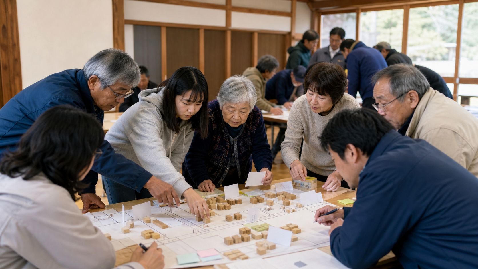 自治体の窓口で住民と職員が制度の資料を囲む場面