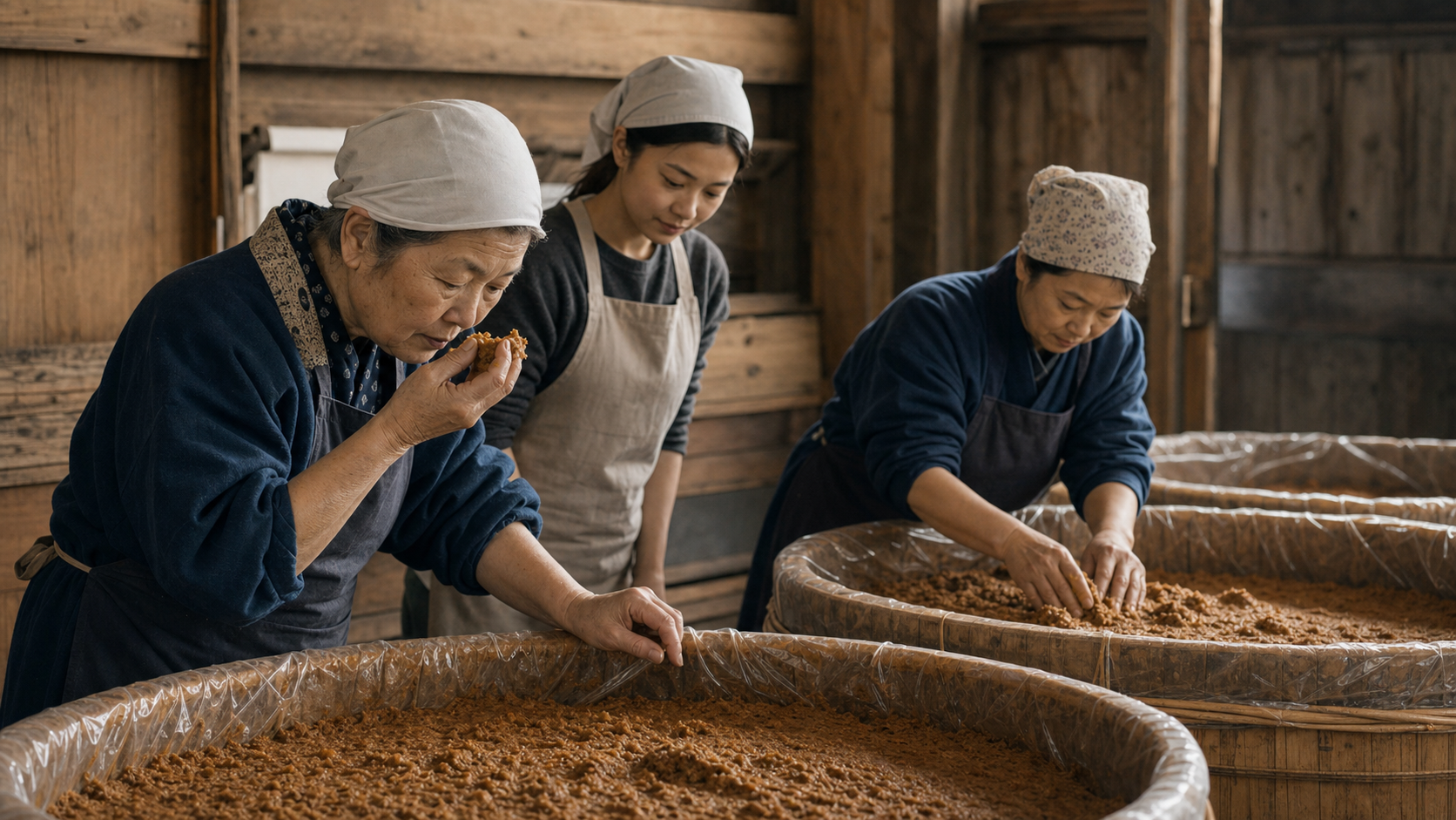 産地の作業場で、桶に広げた豆を手で確かめている人たち