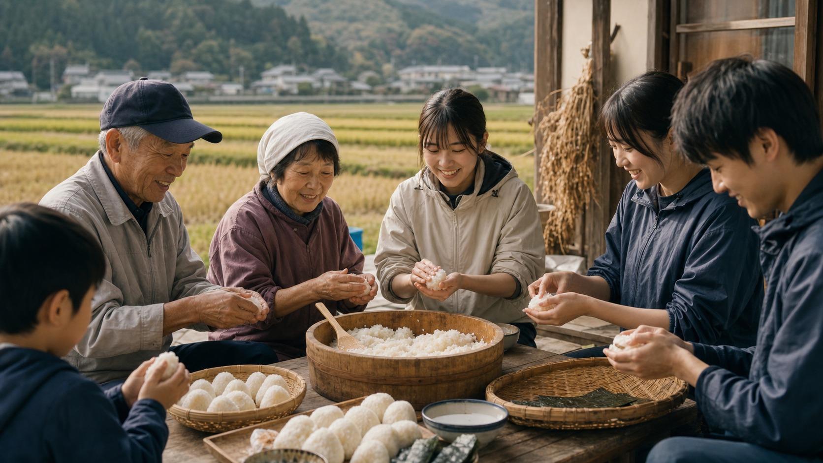屋外の作業場で、地域の人たちが集まって手で食べものを包んでいる様子