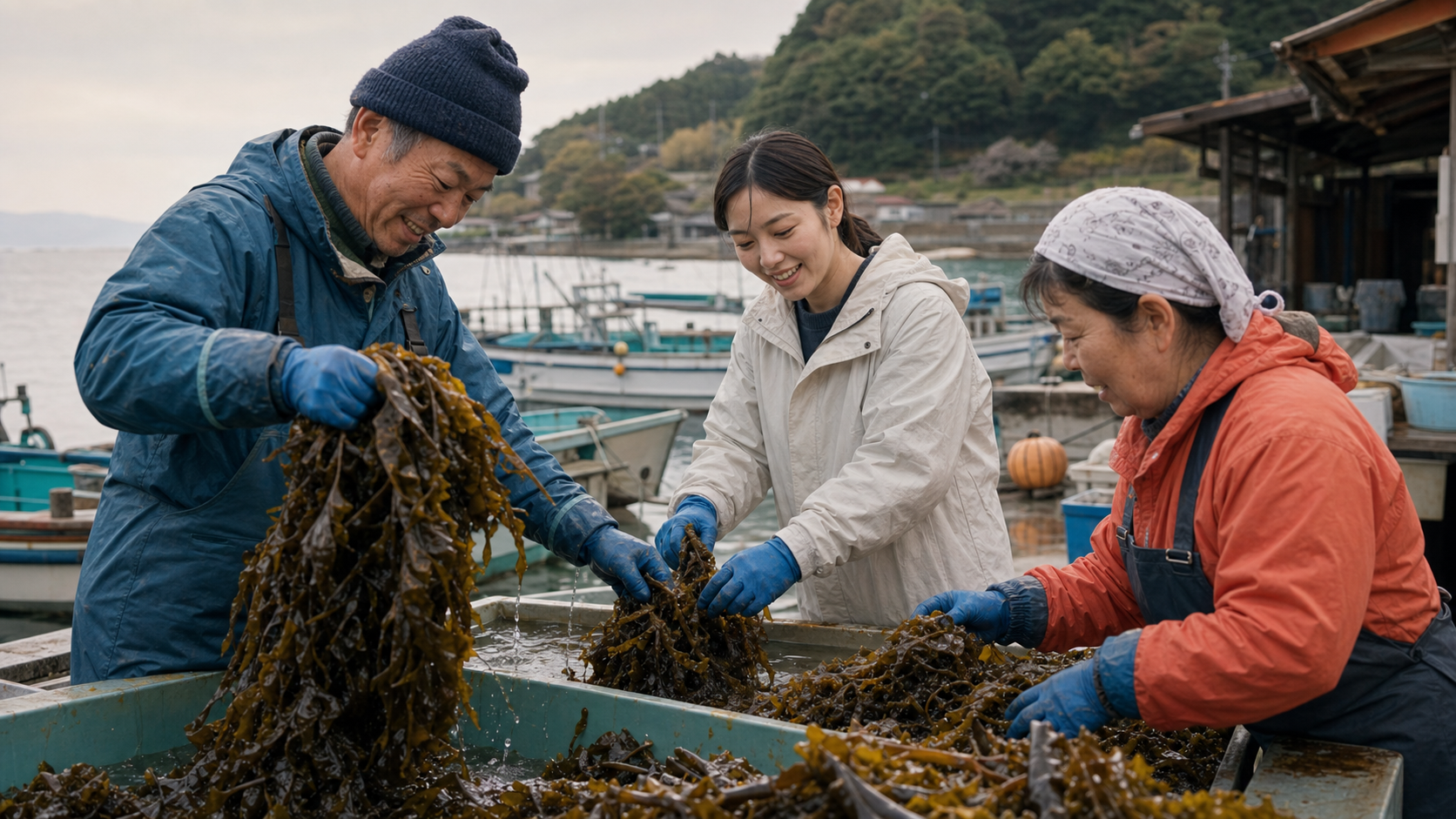 漁港で、水揚げされたばかりの海産物を漁業者たちが選別している様子