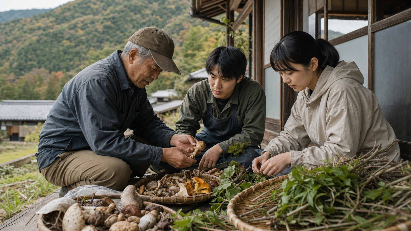山あいの集落で、採れたものを縁側に広げて選り分ける人たち