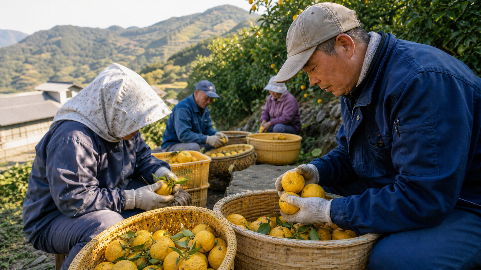 山あいの斜面に開かれた果樹園で、熟した果実を竹かごに集める生産者たち